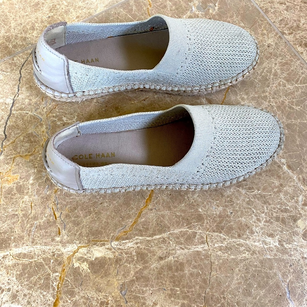 Cole Haan Cloudfeel women’s espadrilles.  Used. Size 7.5. Tan with gold sparkle
